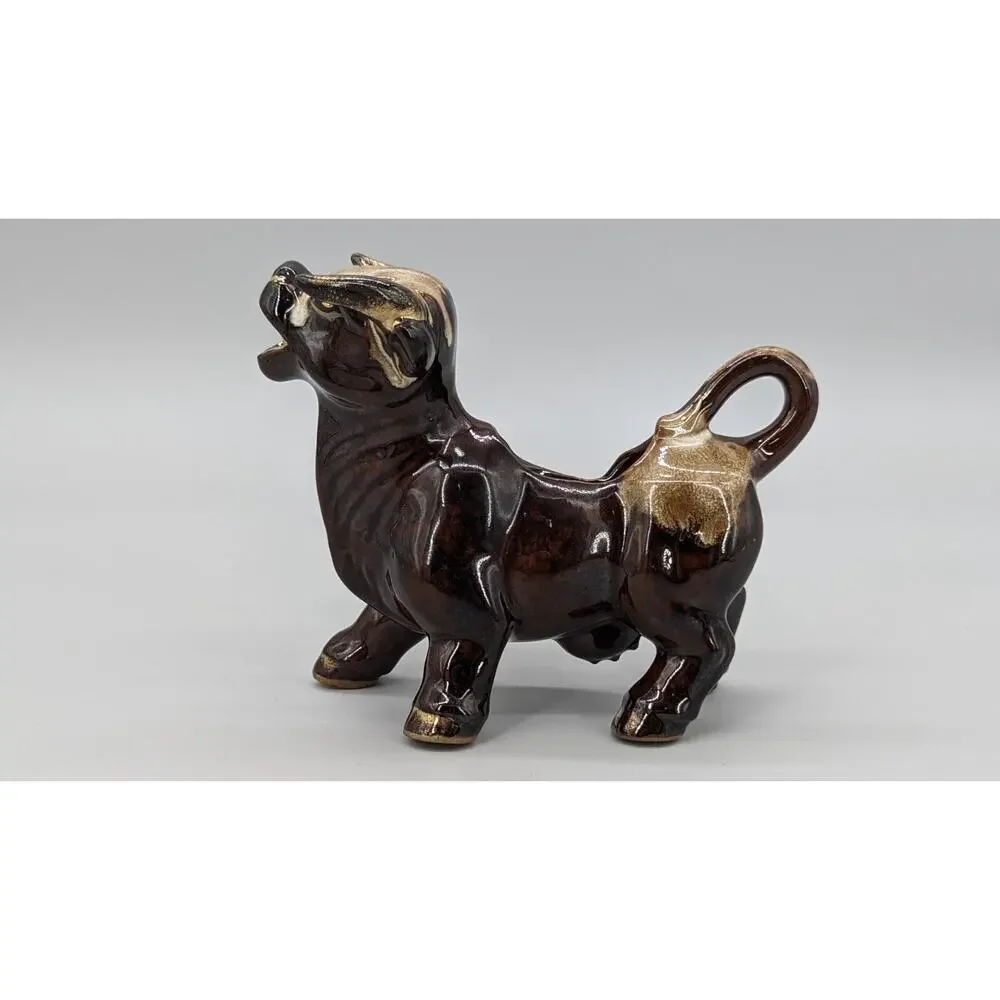 Vintage MCM Stoneware Ceramic Brown & Gold Bull Coffee Creamer Dish 6